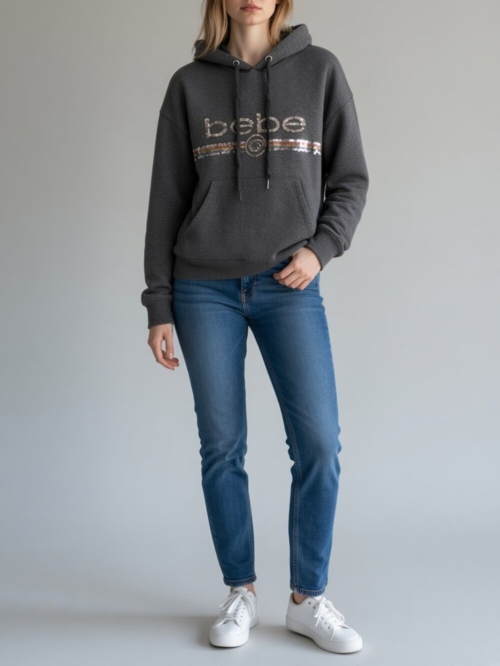 Bebe Dark Gray Sequin Logo Hoodie Sweater Womens 1X Casual Retro Comfy Cozy